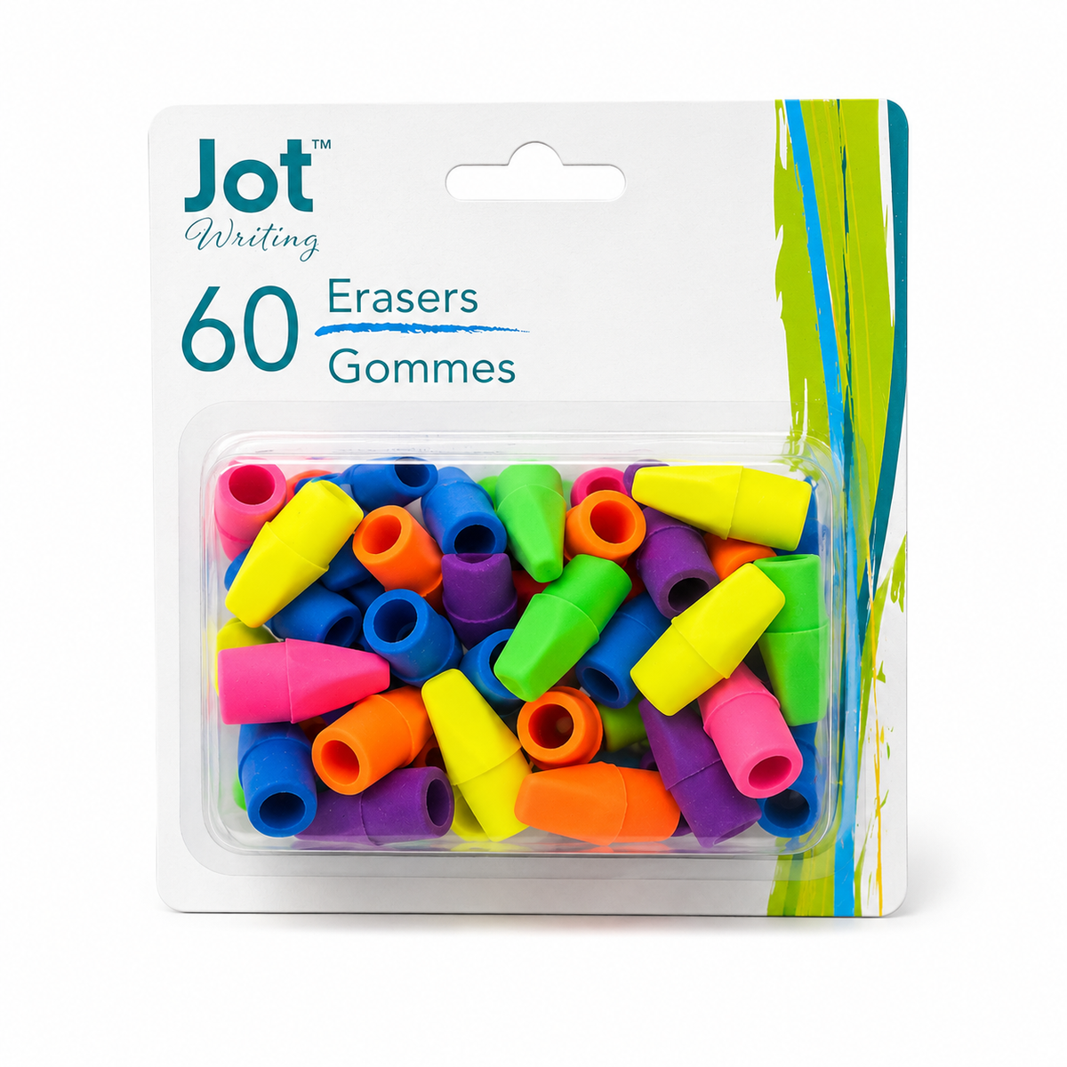 Jot Colorful Pencil Top Erasers – 60 Count