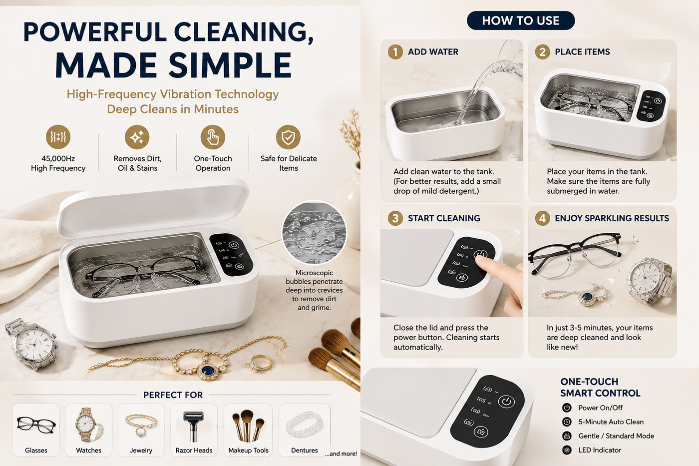 Portable High-Frequency Vibration Cleaner for Glasses, Jewelry & Watches