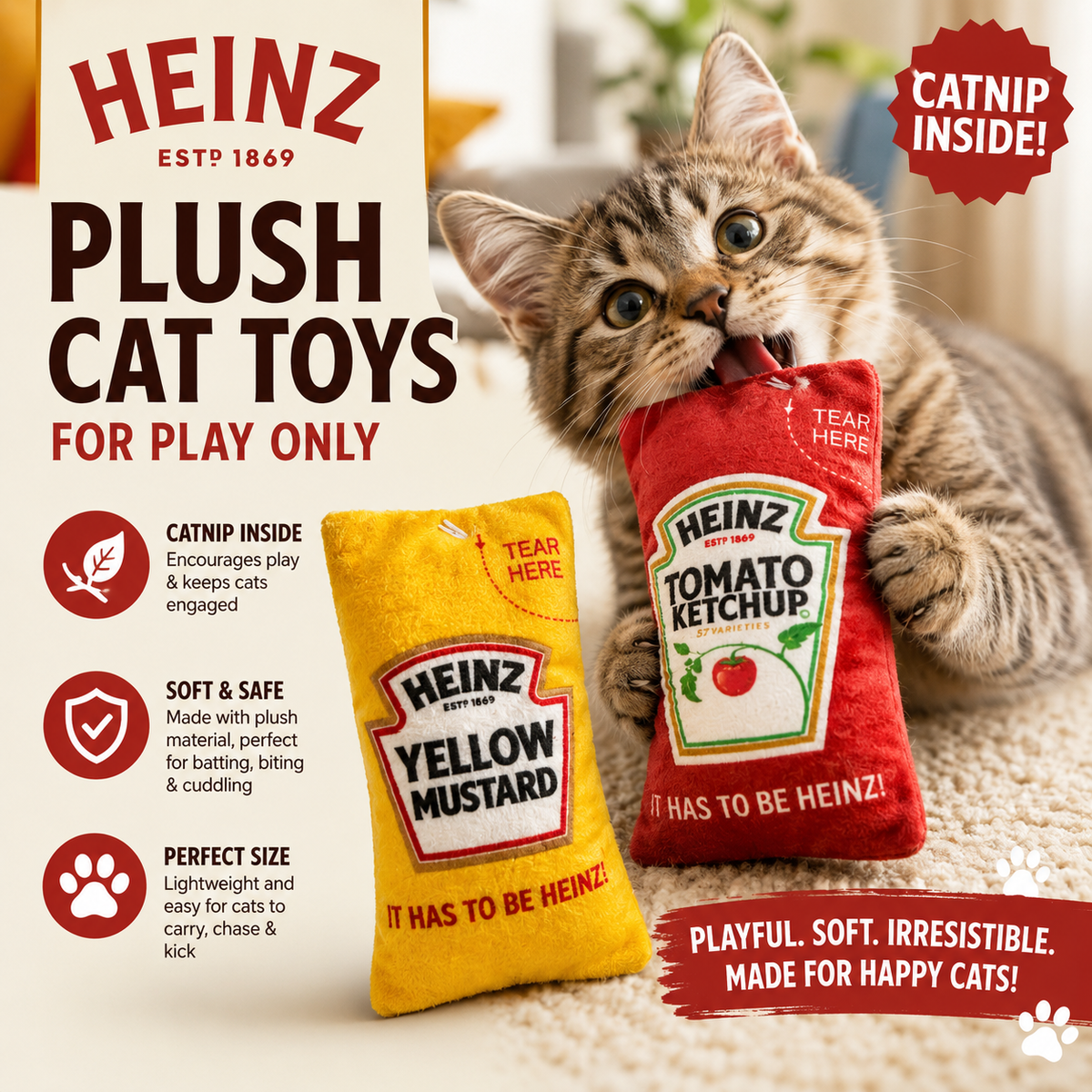 HEINZ Ketchup & Mustard Plush Cat Toys with Catnip – 2 Pack