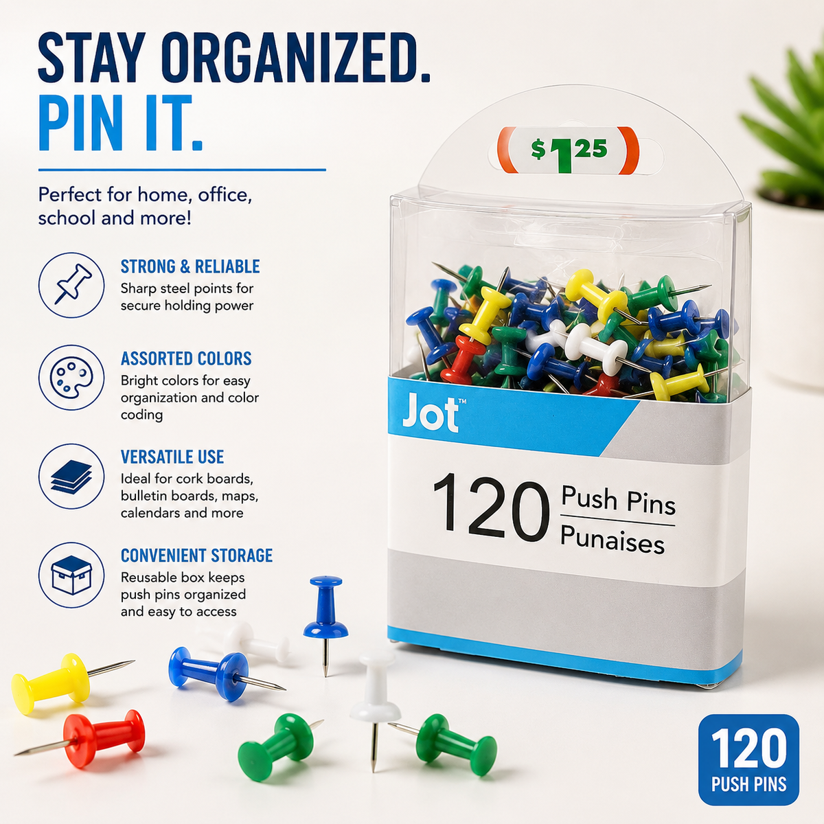 Jot Assorted Color Push Pins – 120 Count
