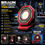 BRAUN 750 Lumen Pocket Floodlight – Rechargeable Magnetic LED Work Light with Rotating Head