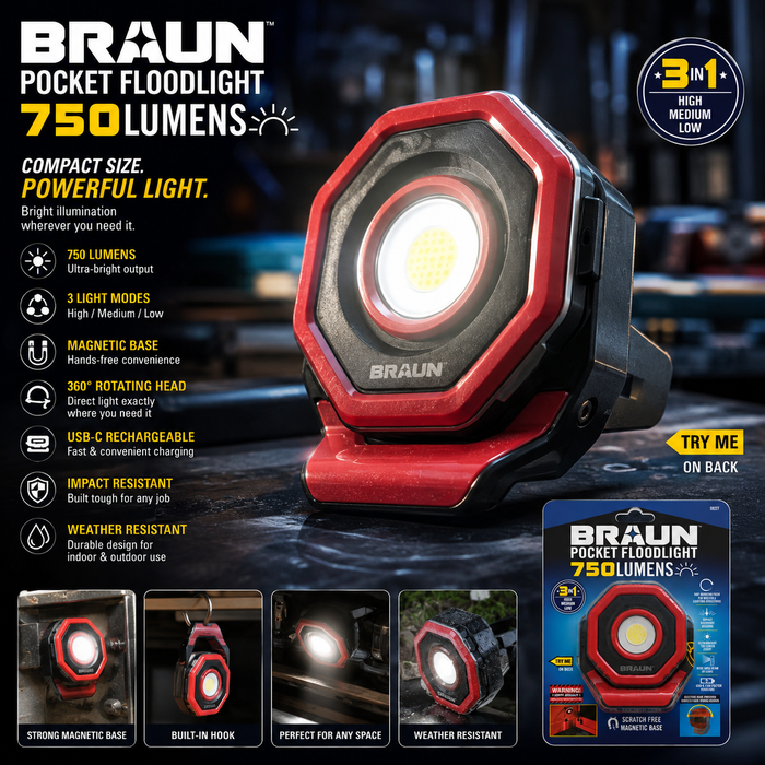 BRAUN 750 Lumen Pocket Floodlight – Rechargeable Magnetic LED Work Light with Rotating Head