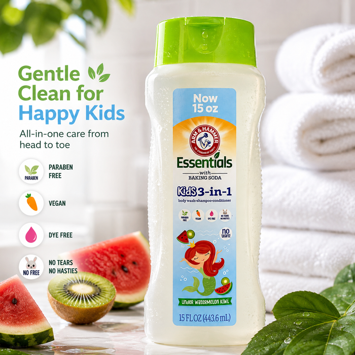 Arm & Hammer Essentials Kids 3-in-1 Body Wash, Shampoo & Conditioner – Watermelon Kiwi – 15 oz