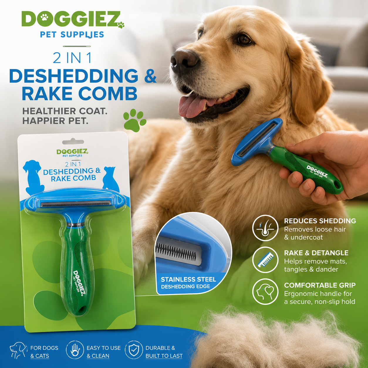 Shedding rake comb for dogs