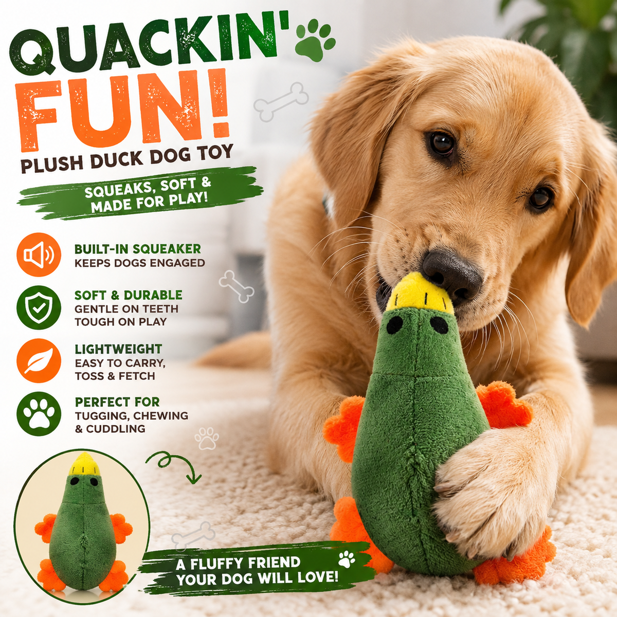 Green Plush Duck Squeaky Dog Toy – Soft & Fun Pet Toy