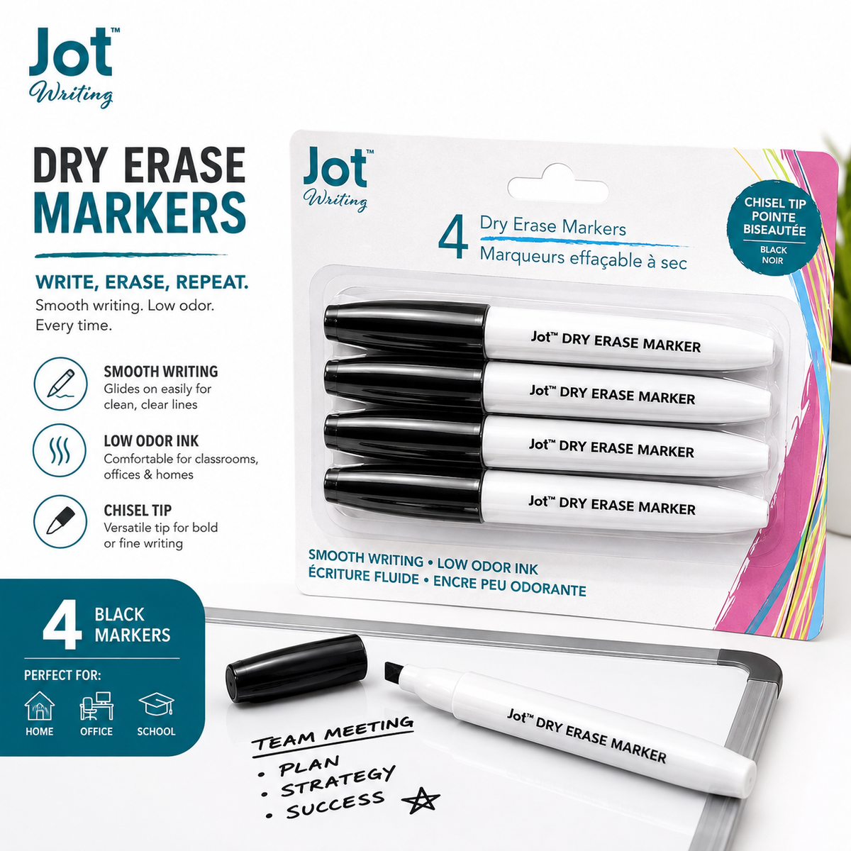 Jot Dry Erase Markers – 4 Pack, Black Chisel Tip
