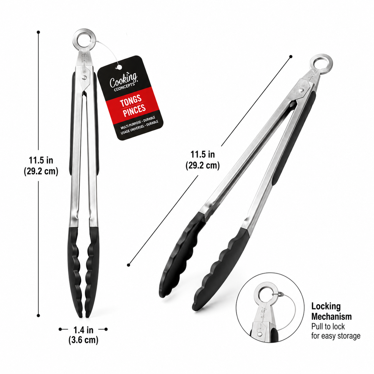 Stainless Steel Kitchen Tongs with Locking Handle – 11.5"