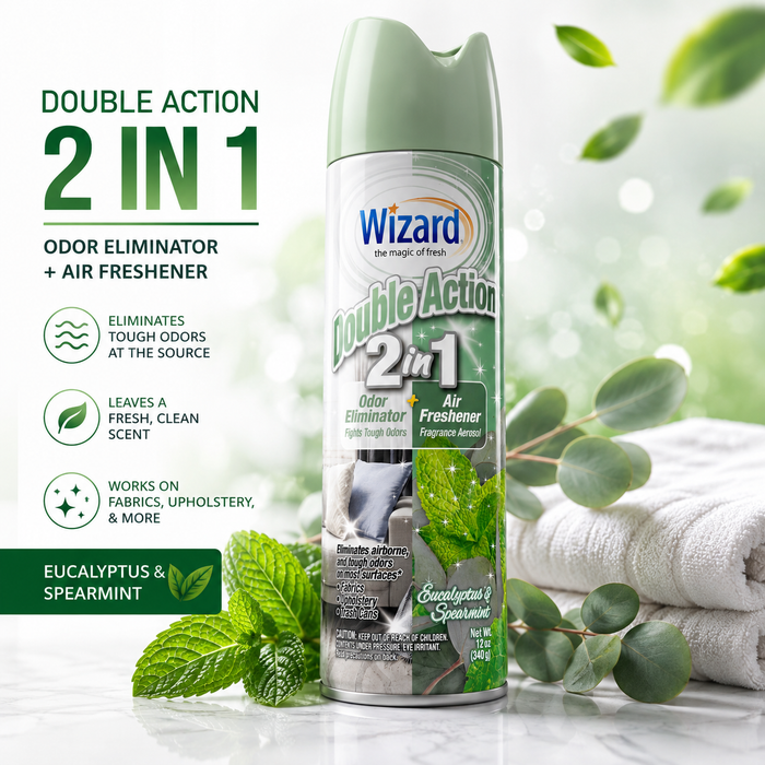 Wizard Double Action 2-in-1 Odor Eliminator & Air Freshener Spray – Eucalyptus & Spearmint, 12 oz