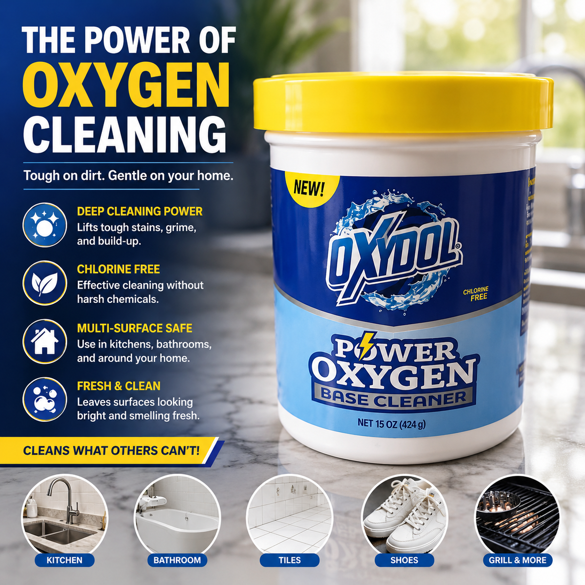 OXYDOL Power Oxygen Base Cleaner – Multi-Surface Cleaning Powder, 15 oz