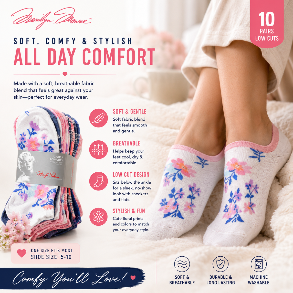 Marilyn Monroe Women’s Low Cut Socks – 10 Pair Assorted Pack