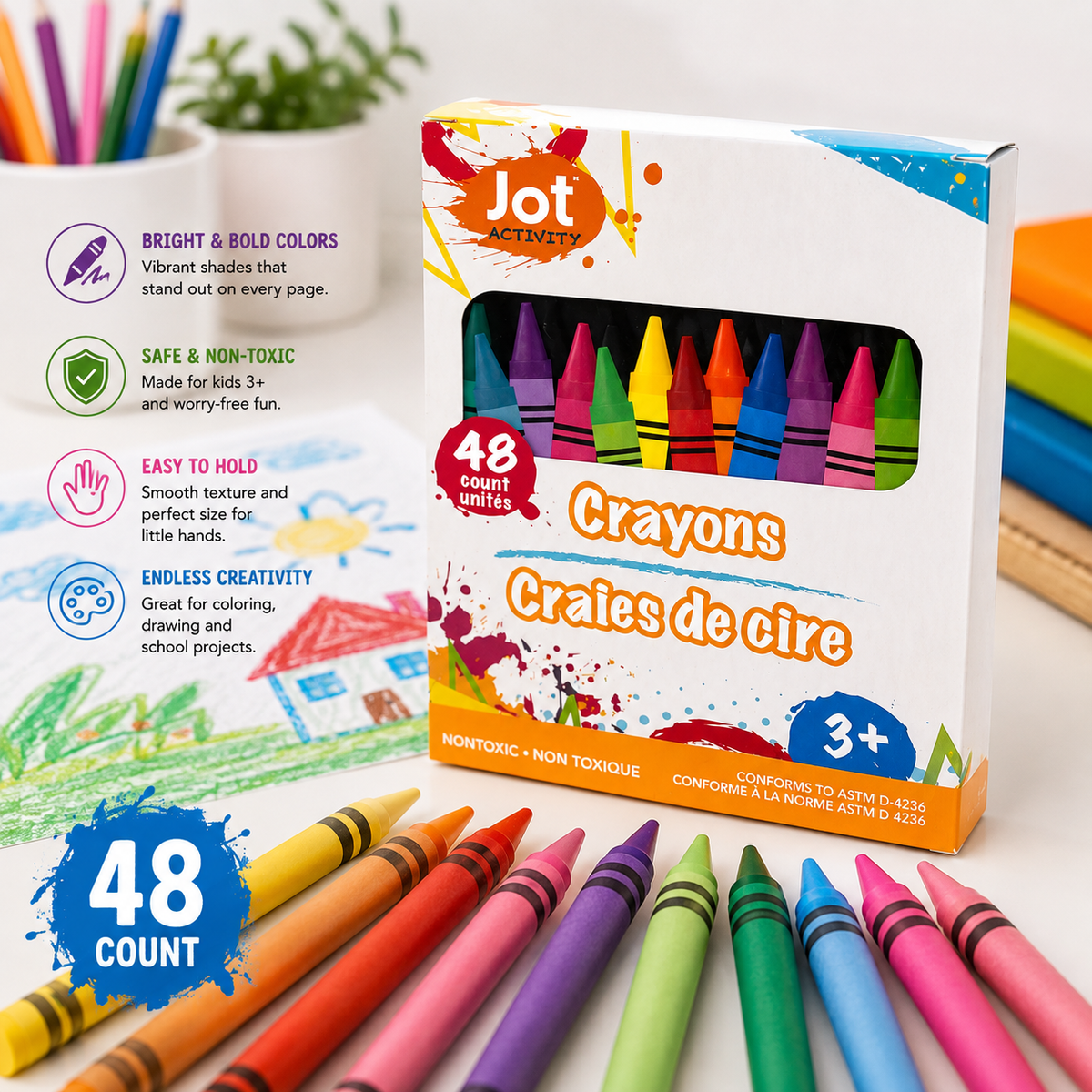 Jot Activity Crayons – 48 Count Assorted Colors, Non-Toxic