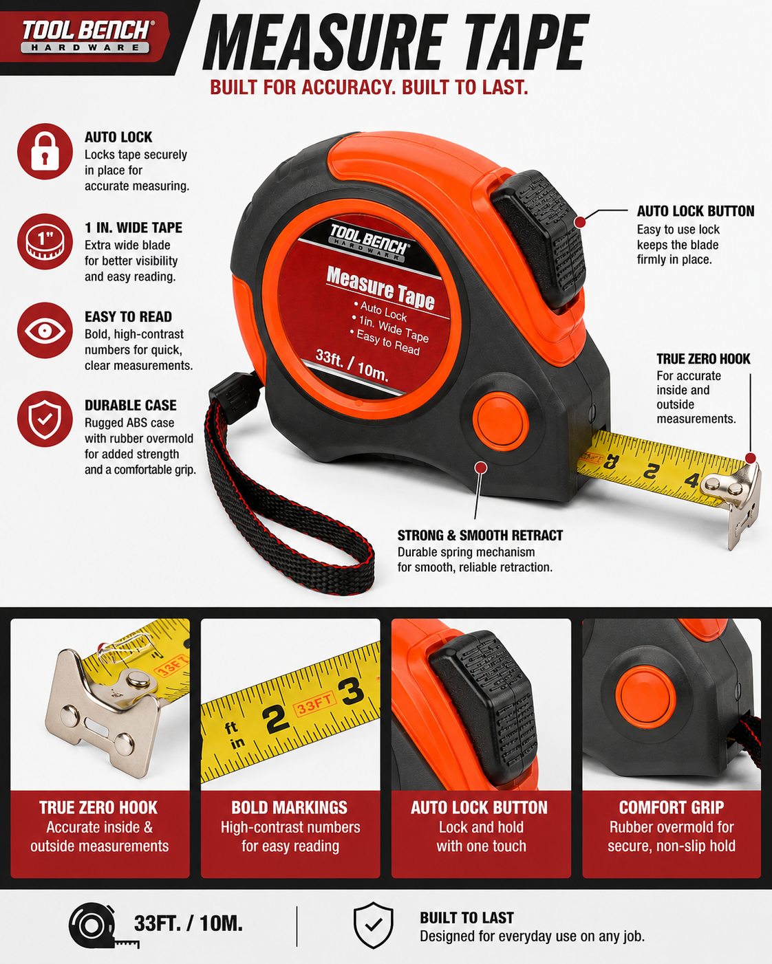 33 Ft Auto Lock Tape Measure – 1" Wide Easy-Read Blade with Comfort Grip