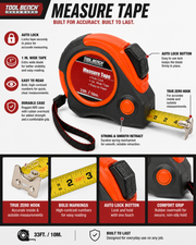 33 Ft Auto Lock Tape Measure – 1" Wide Easy-Read Blade with Comfort Grip