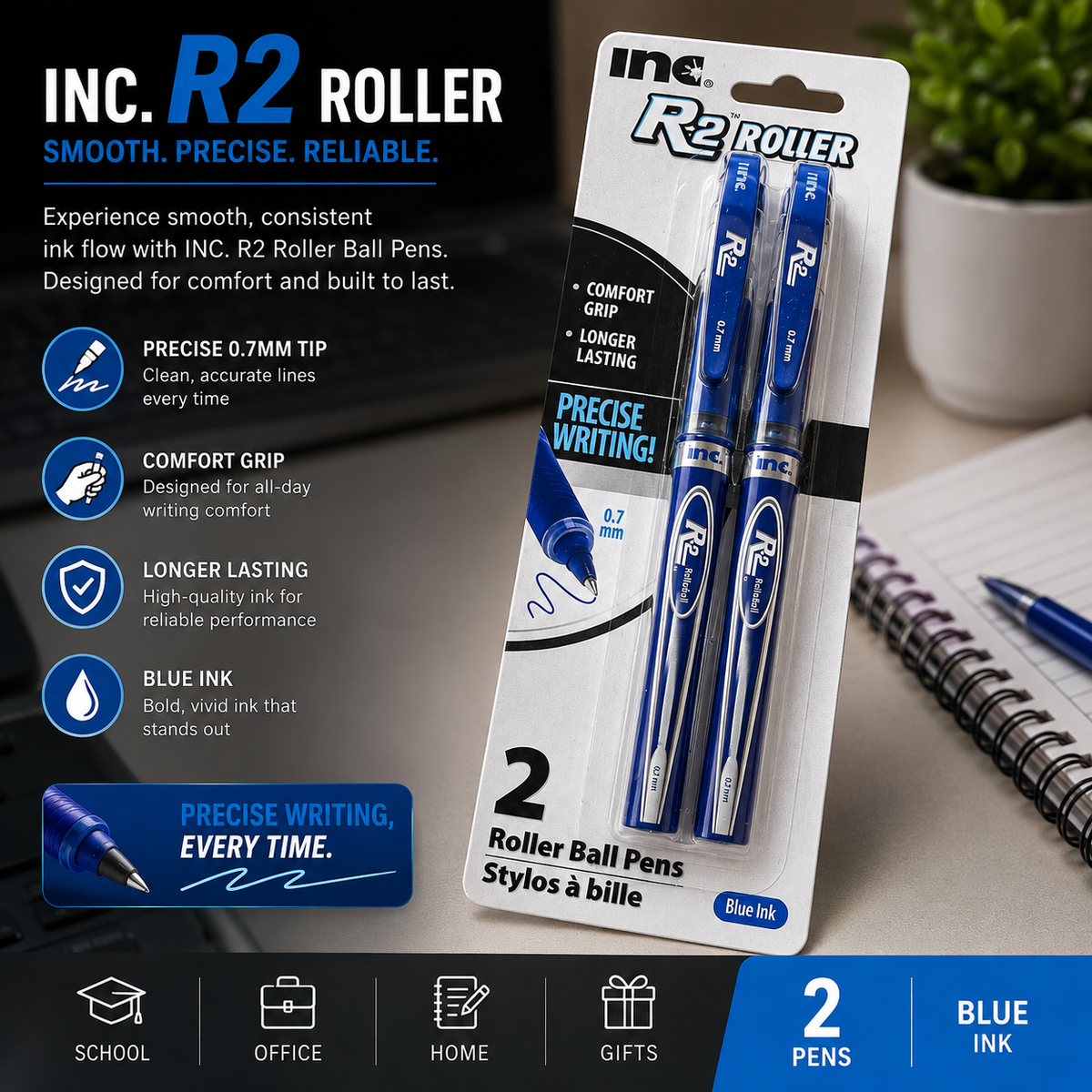 INC R2 Roller Ball Pens – 0.7mm Black Ink, 2-Pack