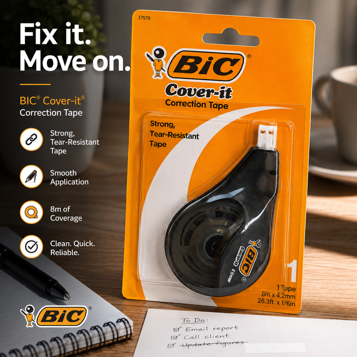 BIC Cover-it Correction Tape – Strong Tear-Resistant White-Out Tape, 8m