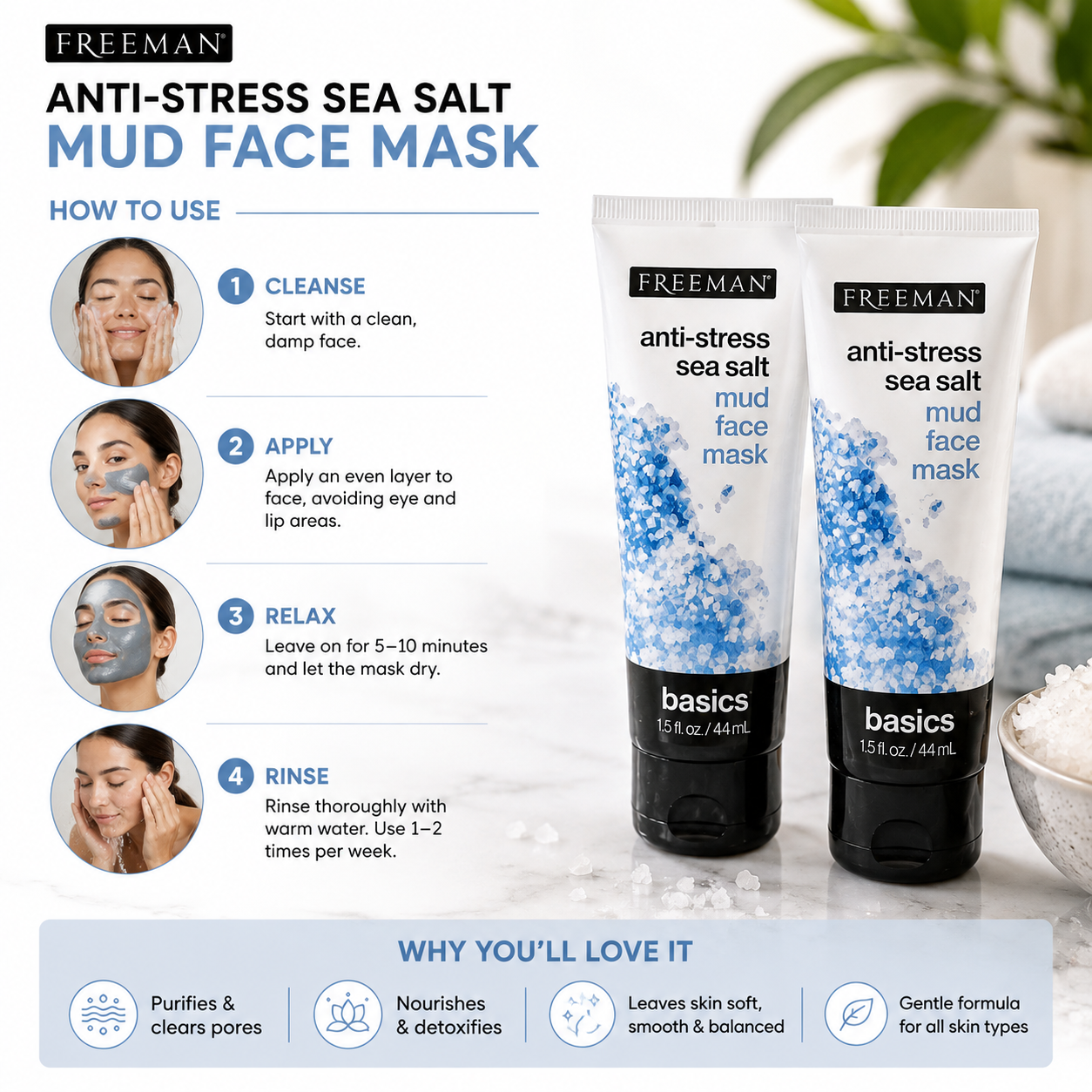 Freeman Anti-Stress Sea Salt Mud Face Mask – 2 Pack | Deep Cleansing & Refreshing Facial Treatment