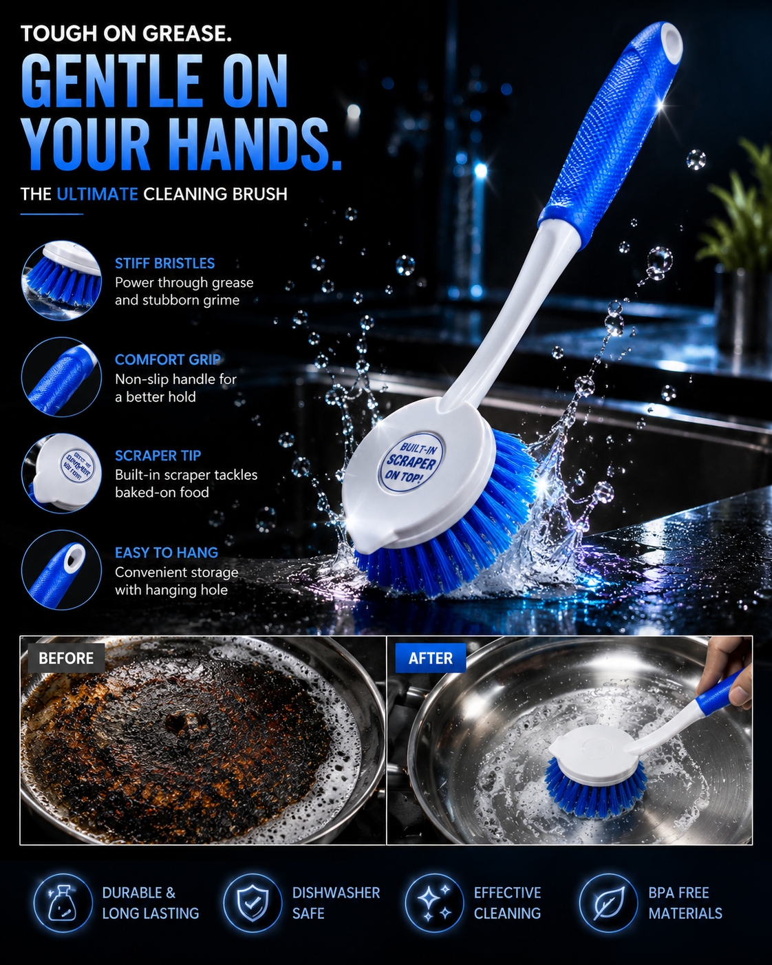 Long Handle Scrub Brush with Built-In Scraper – Heavy Duty Cleaning Brush for Kitchen, Bathroom & Household Cleaning