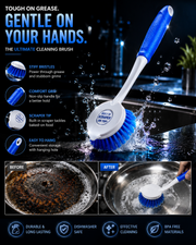 Long Handle Scrub Brush with Built-In Scraper – Heavy Duty Cleaning Brush for Kitchen, Bathroom & Household Cleaning