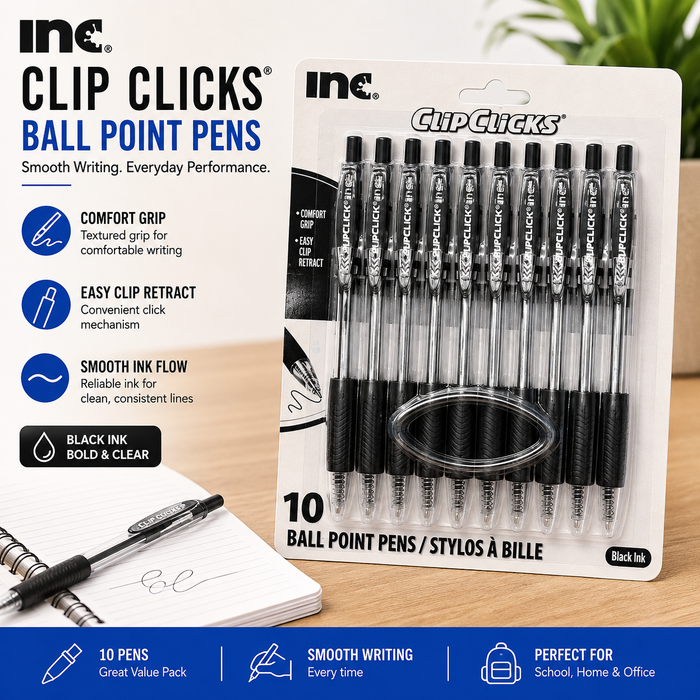 Inc. Clip Clicks Black Ink Retractable Ballpoint Pens – 10 Pack