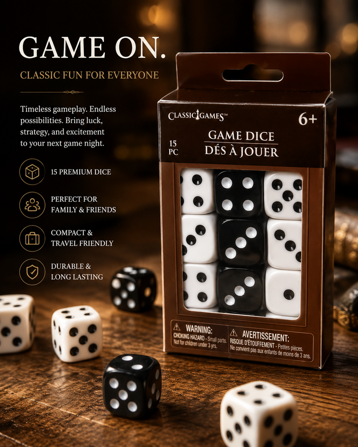 Classic Games 15-Piece Game Dice Set – Black & White Dice for Board Games, Yahtzee, Bunco & Family Game Night