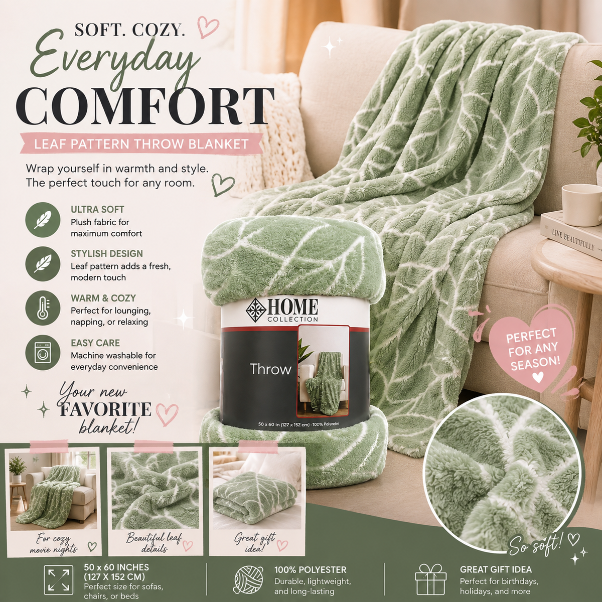 Ultra-Soft Plush Throw Blanket – Sage Green Leaf Pattern, 50" x 60"