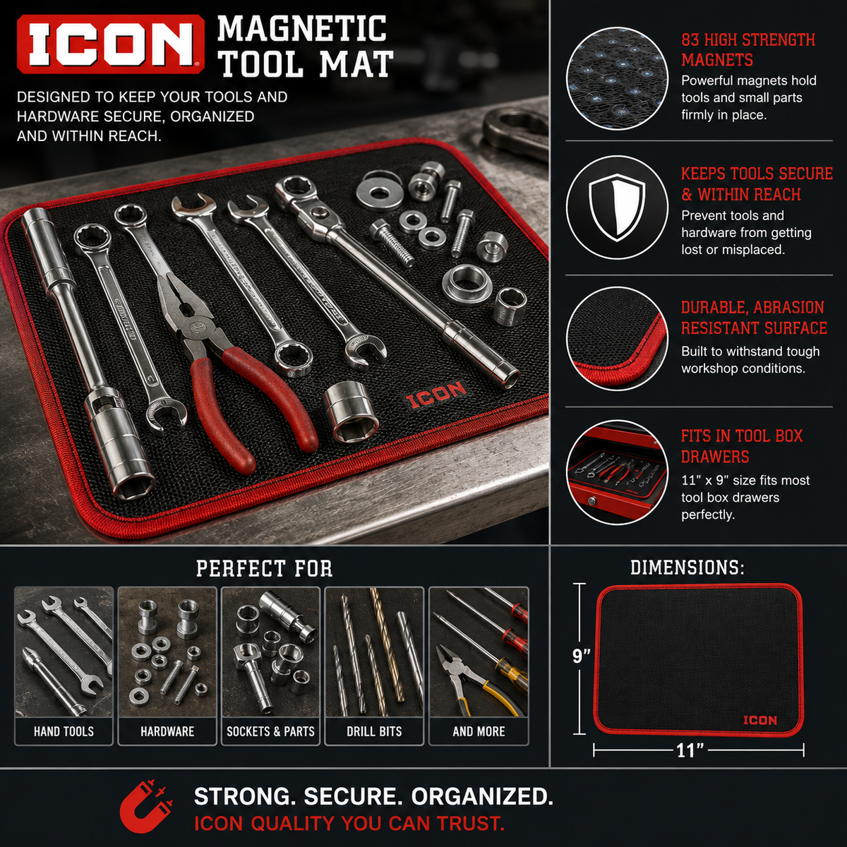 ICON Magnetic Tool Mat – Heavy-Duty Magnetic Organizer for Tools, Hardware & Fasteners