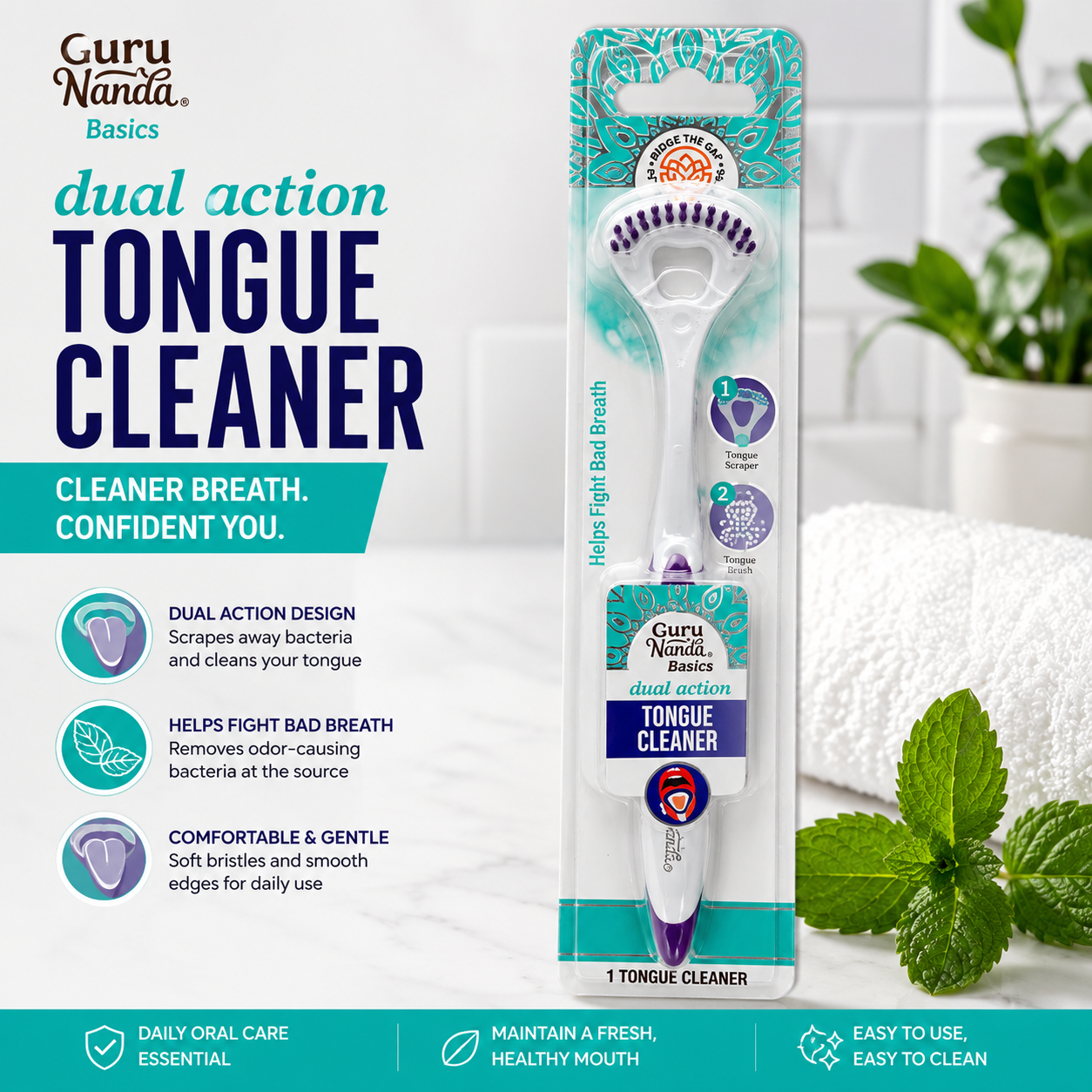 Guru Nanda Basics Dual Action Tongue Cleaner – Tongue Scraper & Brush for Fresh Breath – 1 Count