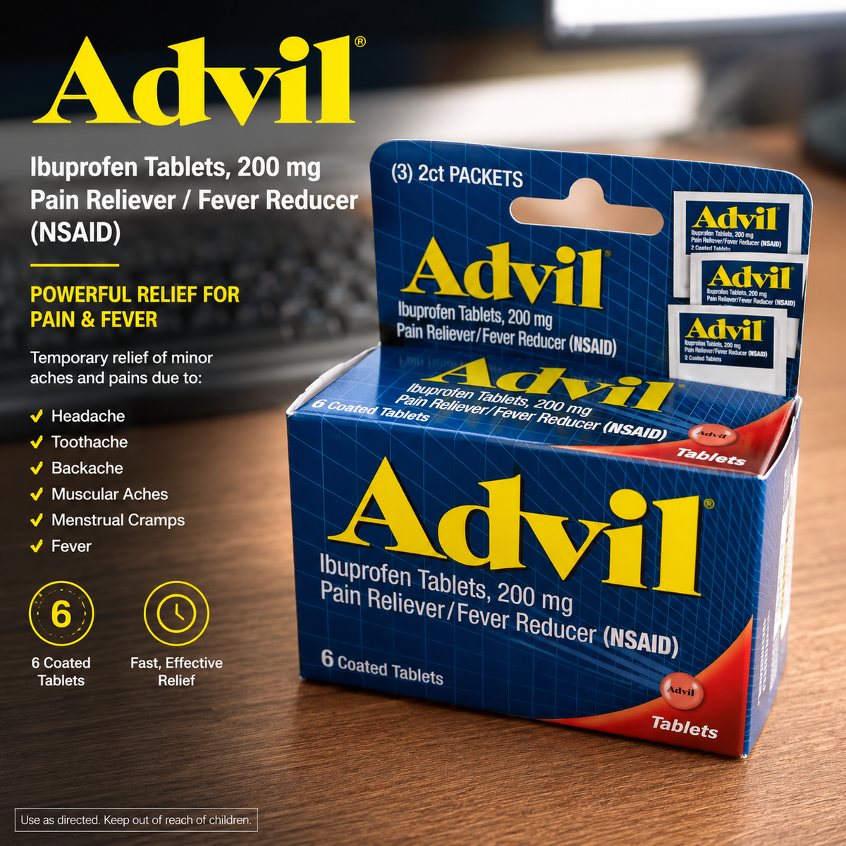 Advil Ibuprofen 200 mg Pain Reliever & Fever Reducer – 6 Coated Tablets