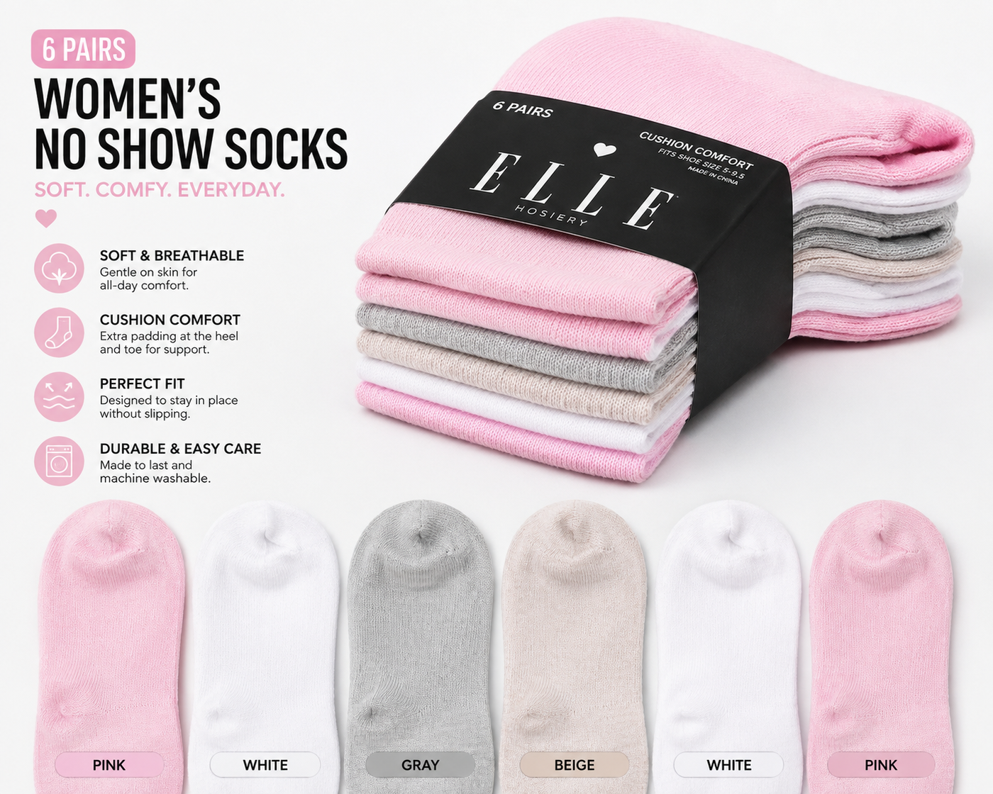 ELLE Women's No Show Socks 6-Pack – Soft Cushioned Low Cut Comfort Socks (Size 5–9.5)