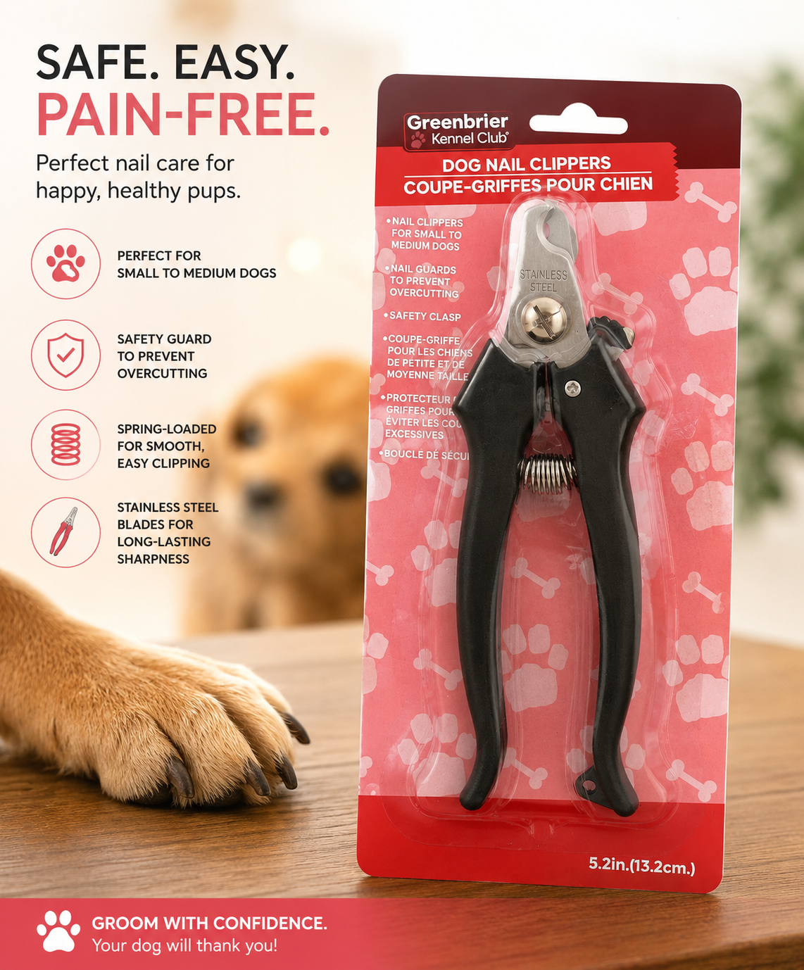 Greenbrier Kennel Club Dog Nail Clippers for Small & Medium Dogs – Stainless Steel Pet Nail Trimmer with Safety Guard