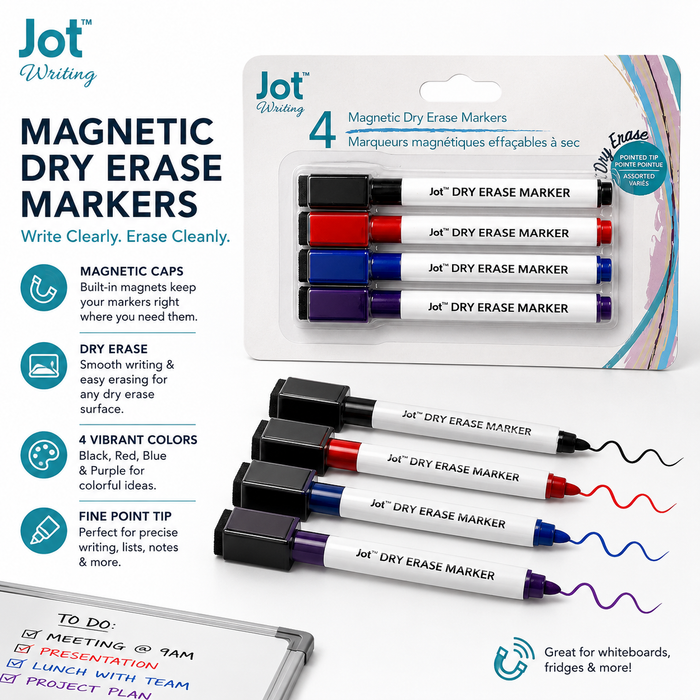 Jot Magnetic Dry Erase Markers with Built-In Erasers – 4 Pack