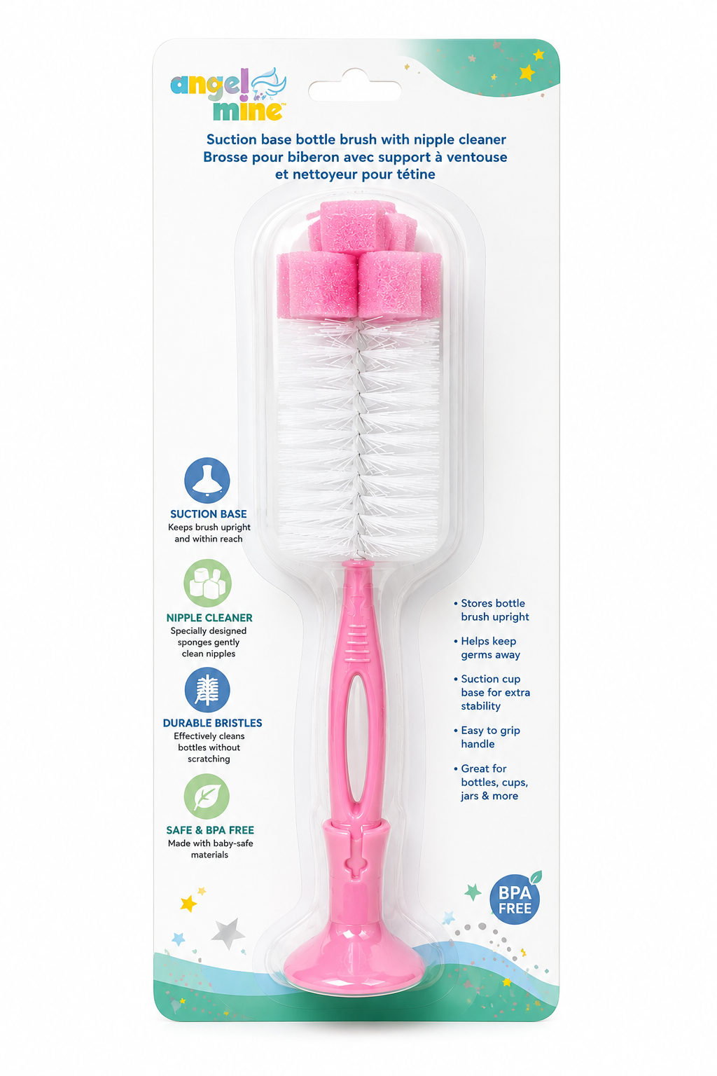 Angel Mine Baby Bottle Brush with Suction Base & Nipple Cleaner – Pink