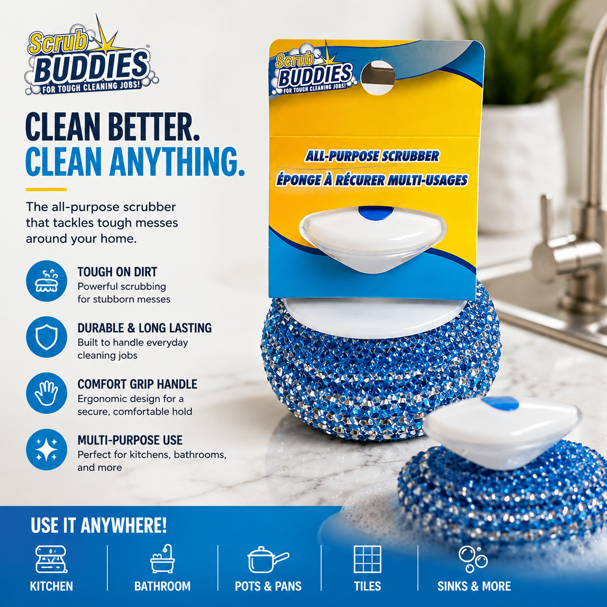 Scrub Buddies All-Purpose Scrubber with Handle – Heavy-Duty Cleaning Sponge
