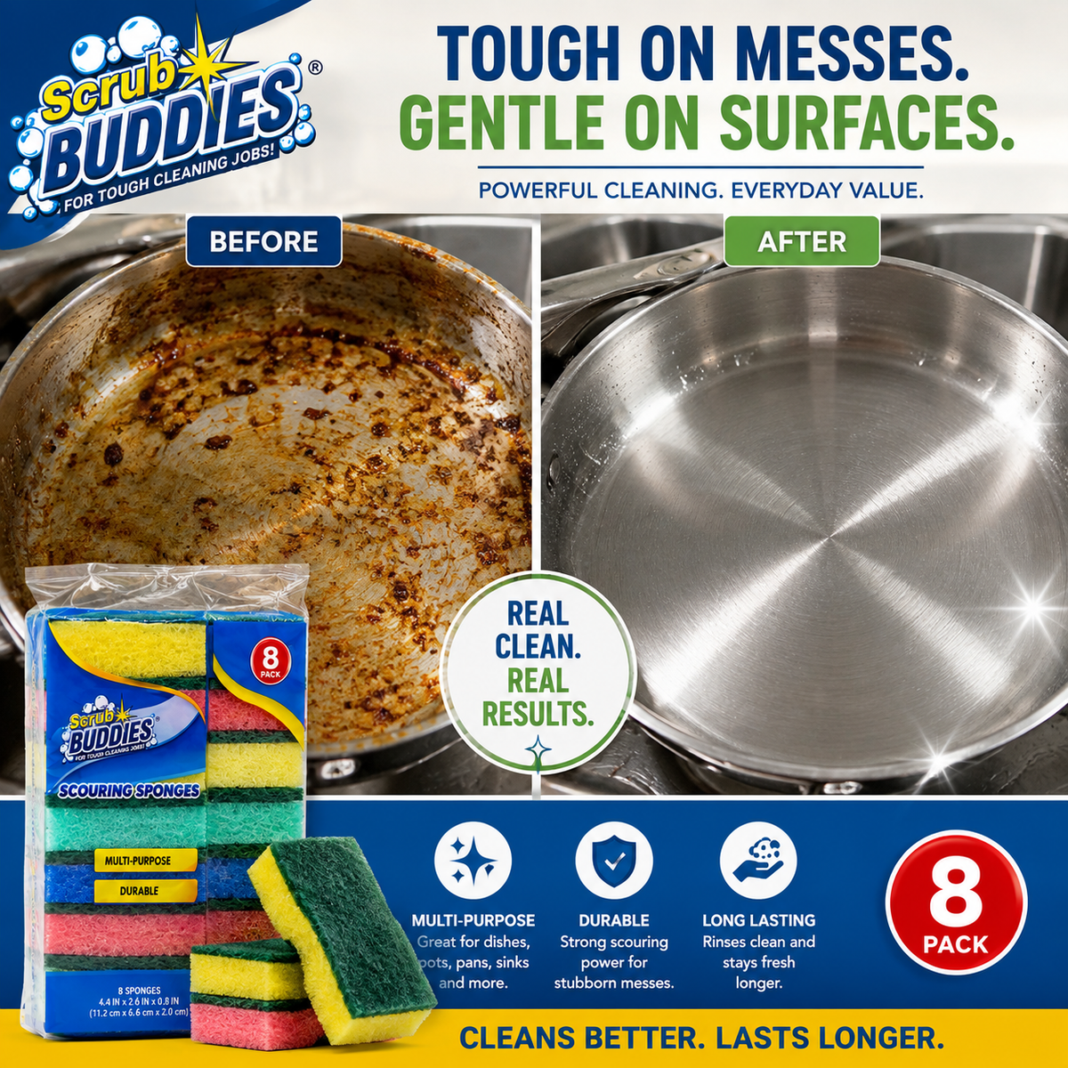 Scrub Buddies Multi-Purpose Scouring Sponges – 8 Pack