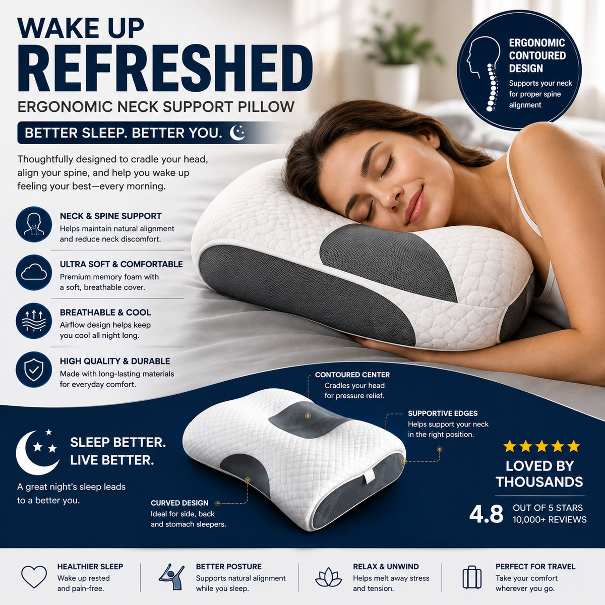 Ergonomic Contoured Neck Pillow with Soft Quilted Cover – Cervical Support for Side & Back Sleepers
