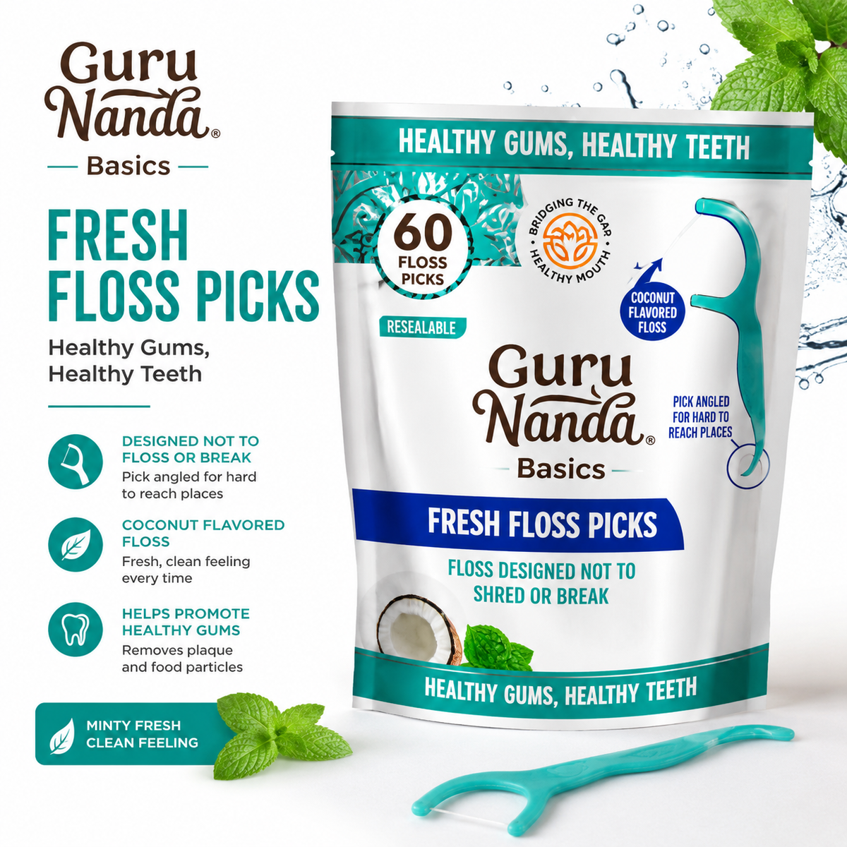 GuruNanda Fresh Floss Picks – Coconut Flavored, 60 Count