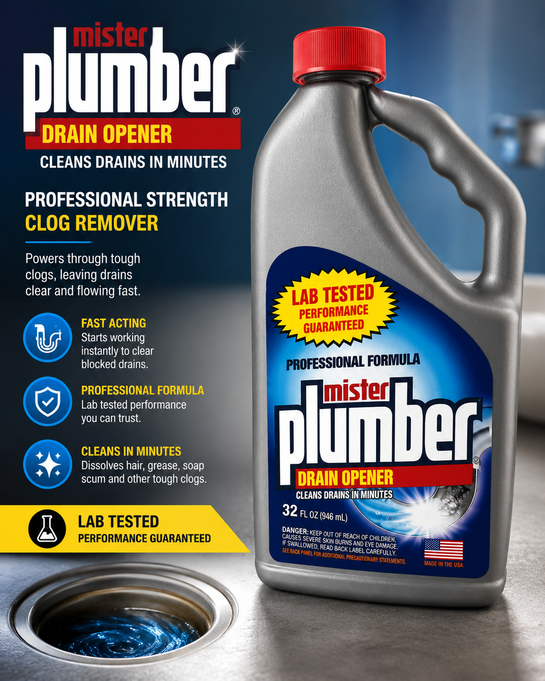 Mister Plumber Professional Formula Drain Opener – 32 fl oz Clog Remover