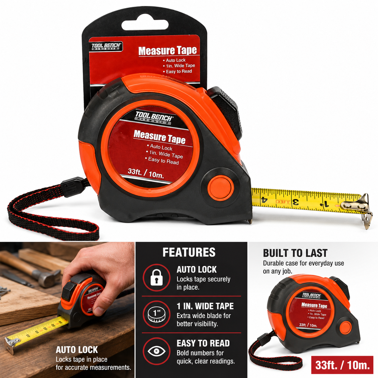 33 Ft Auto Lock Tape Measure – 1" Wide Easy-Read Blade with Comfort Grip