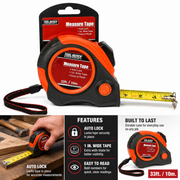 33 Ft Auto Lock Tape Measure – 1" Wide Easy-Read Blade with Comfort Grip