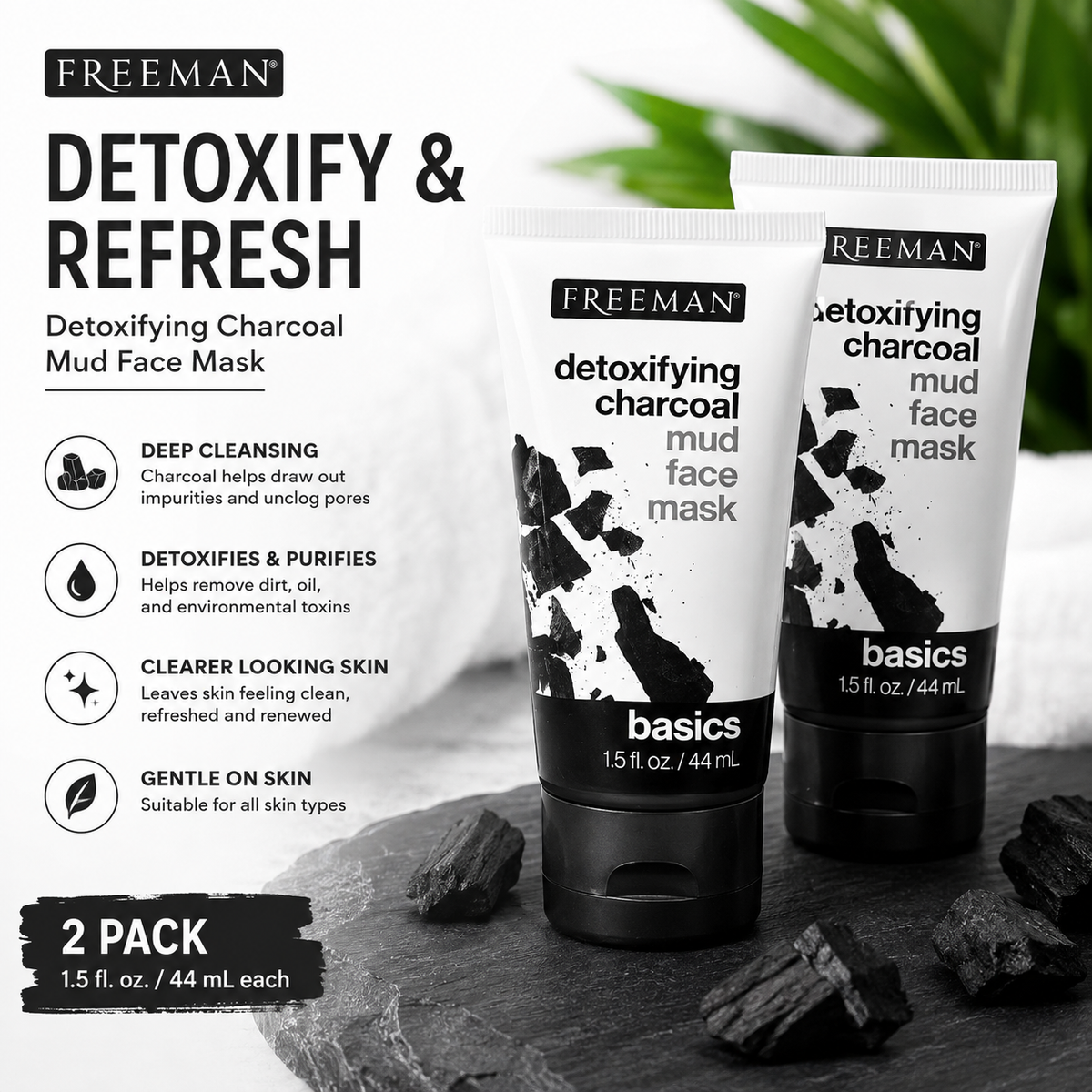Freeman Detoxifying Charcoal Mud Face Mask – Deep Cleansing Formula (2-Pack)