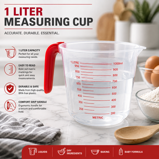 1 Liter Clear Measuring Cup with Red Handle & Metric Markings