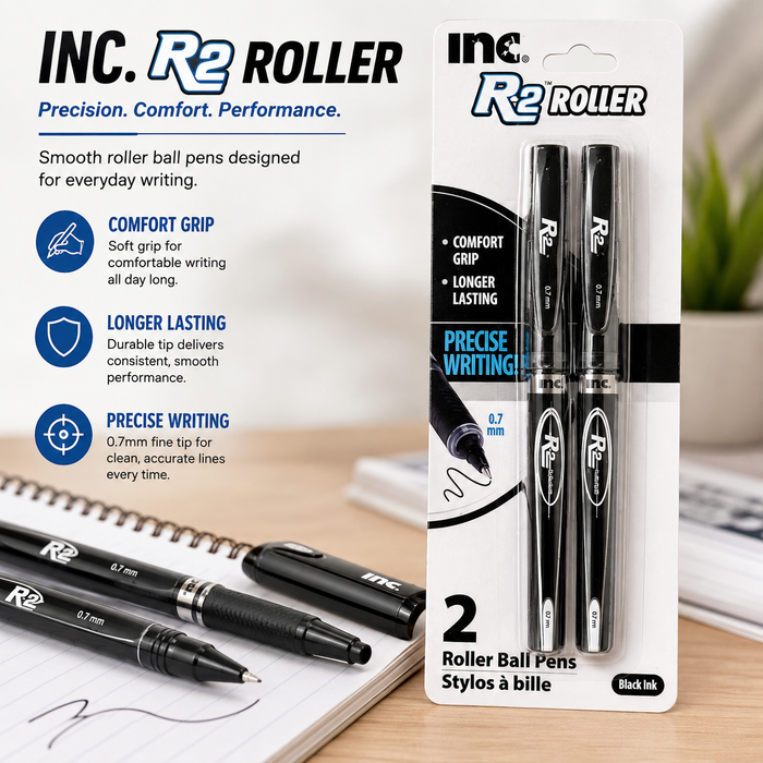 INC R2 Roller Ball Pens – 0.7mm Black Ink, 2-Pack
