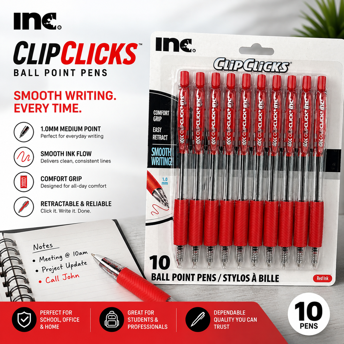 ClipClicks 10-Pack Retractable Ballpoint Pens – Red Ink, 1.0mm
