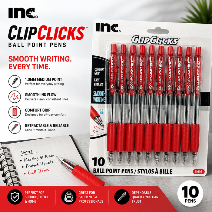 ClipClicks 10-Pack Retractable Ballpoint Pens – Red Ink, 1.0mm