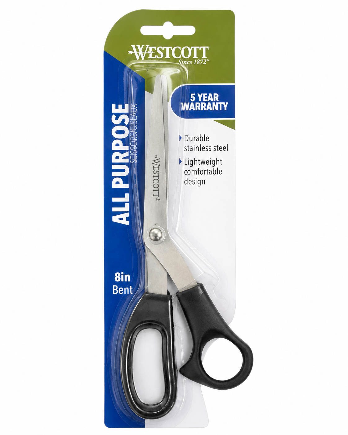 Westcott 8" All-Purpose Bent Scissors – Stainless Steel Blades with Comfortable Grip