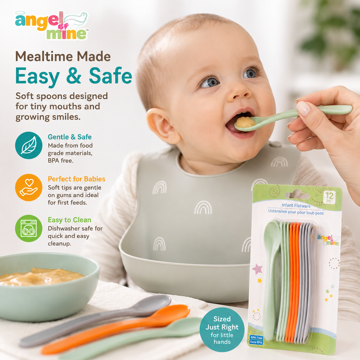 Angel of Mine Infant Flatware Spoons – 12 Piece Baby Feeding Set
