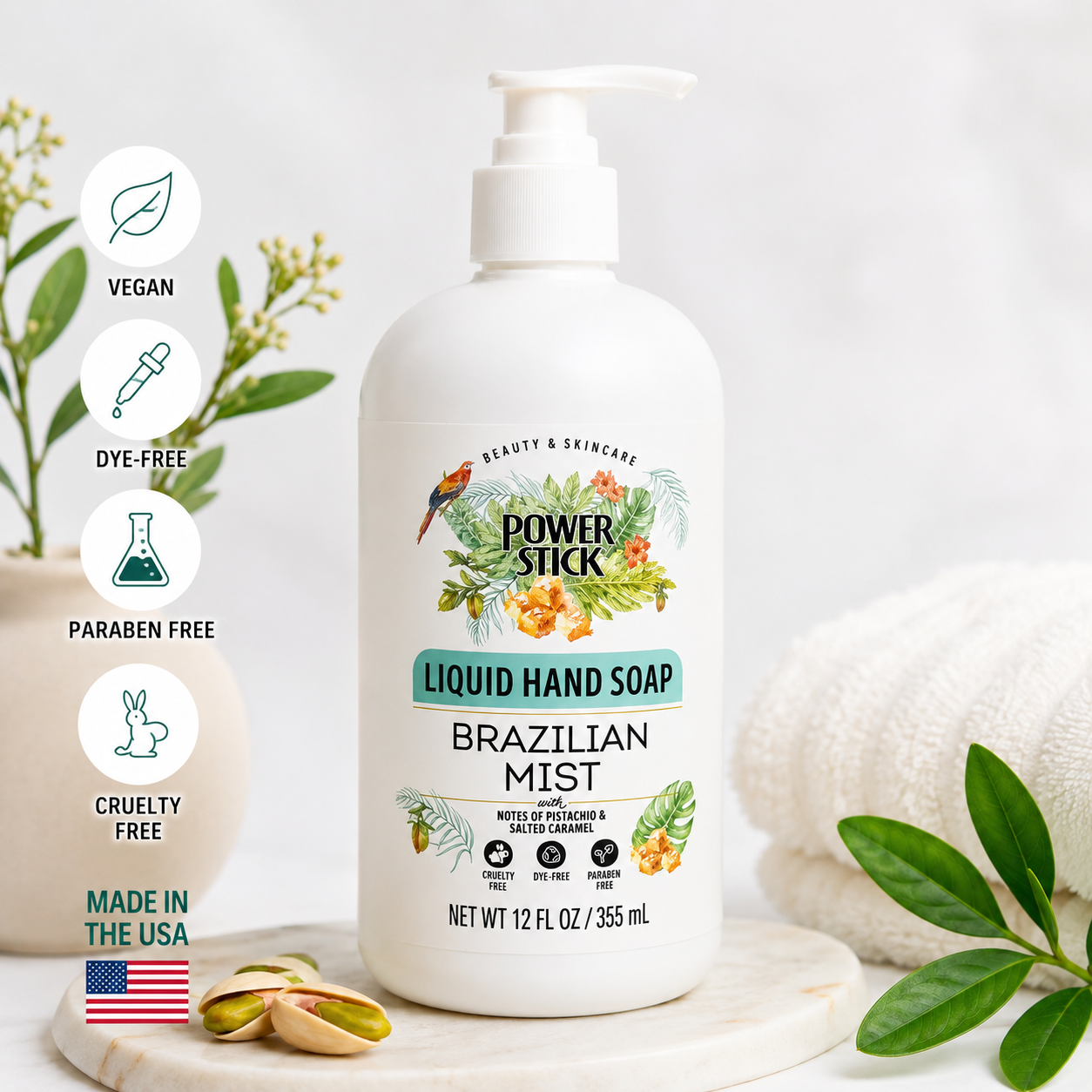 Power Stick Brazilian Mist Liquid Hand Soap – Pistachio & Salted Caramel Scent | 12 fl oz