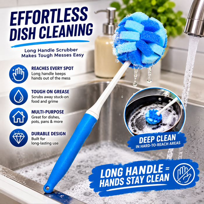 Long Handle Dish Scrubber – Blue Sponge Cleaning Brush for Dishes, Pots & Pans