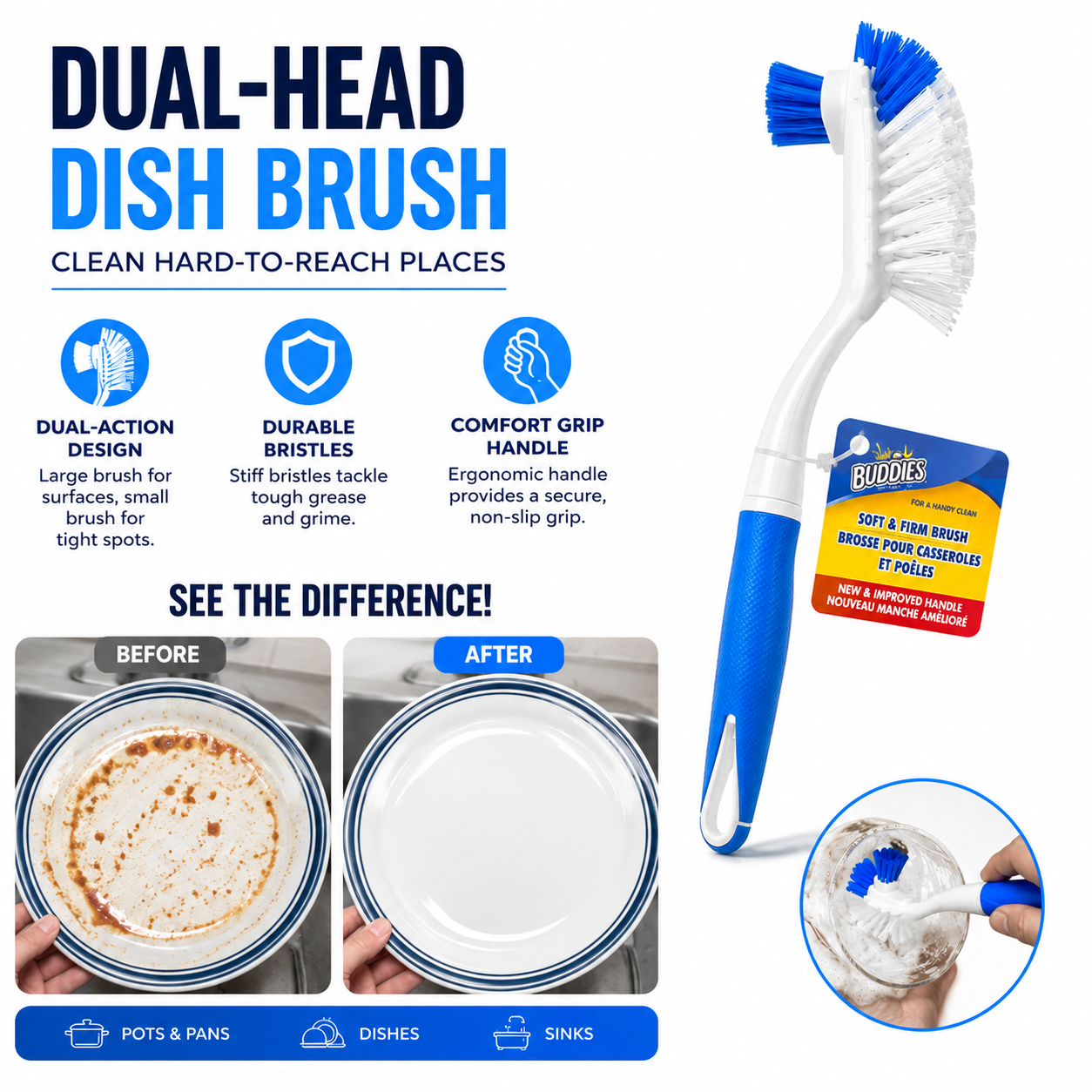 Dual-Head Dish Brush – Heavy-Duty Kitchen Cleaning Brush with Comfort Grip Handle