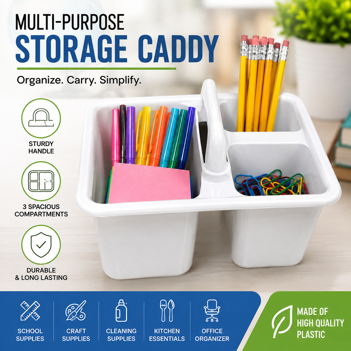 Multipurpose 3-Compartment Storage Caddy with Handle